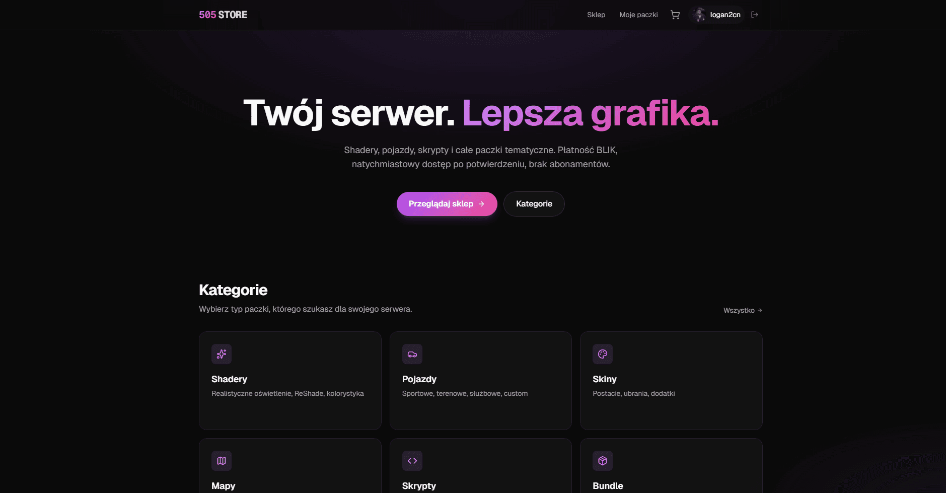Podgląd realizacji: 505 Store — sklep z paczkami modów do FiveM
